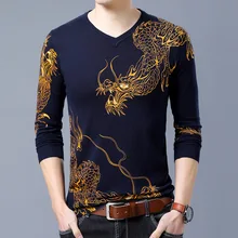 Китайский дракон золотой принт модный тренд пуловер вязаный свитер осень Качественный хлопок мягкий эластичный мужской свитер темно-синий
