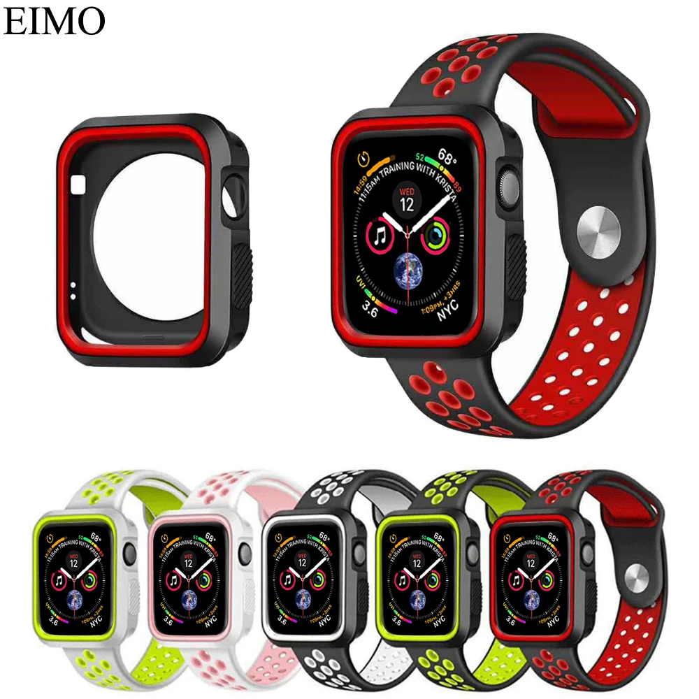 

EIMO Silicone Band Strap for Apple Watch Series 4 44mm 40mm Replacement Rubber bracelet wrist Belt Watchband+full protector case
