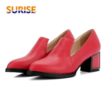 

Big Size Casual Women Loafers Thick Block Heel Rivet Pointed Toe PU Leather Black Party Office Spring Autumn British Lady Flats