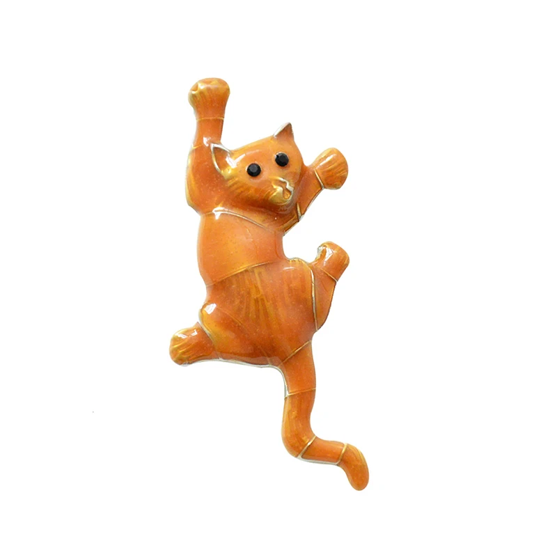 Orange Enamel Kawaii Cat Brooches For Women Kids Silver