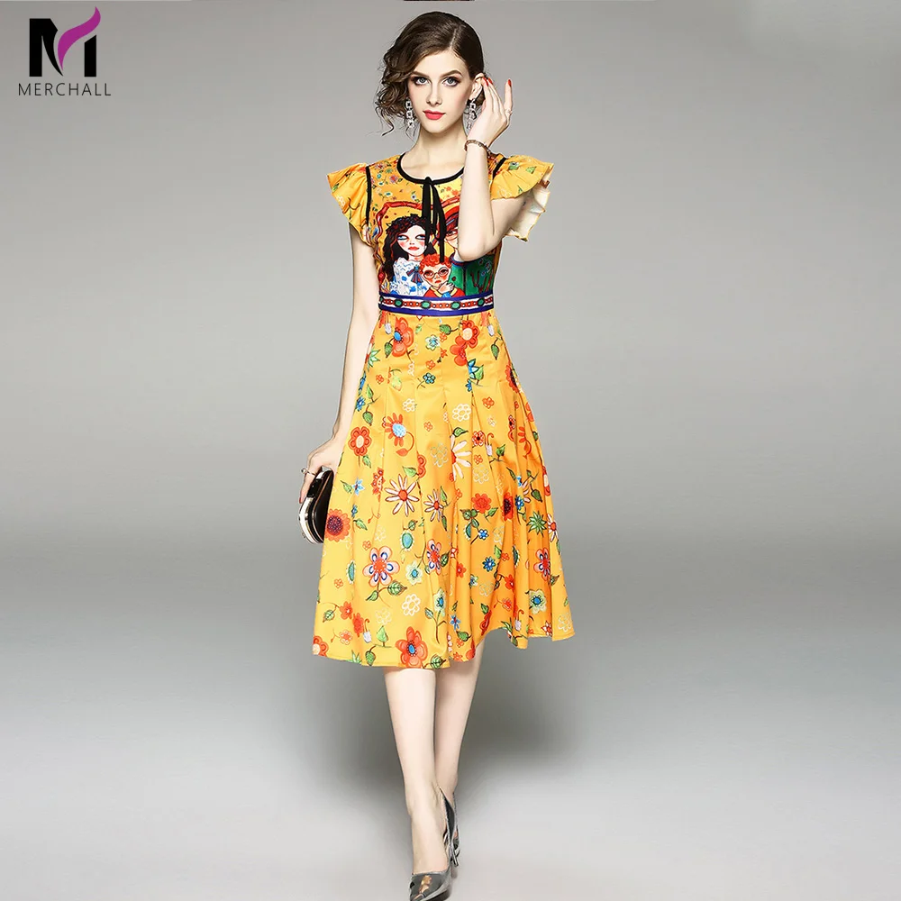 

Summer Spring High Quality Fashion Designer Runway Vintage Women'S Round Neck Draped Chiffon Street Girl Floral Print Dresses