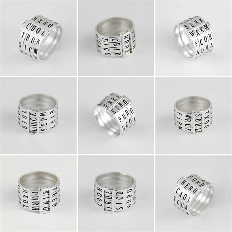 Lotus Fun Sterling Silver 925 Wide Ring for Women 2017 Unique Rotatable Letters Ring Band Fine Jewelry Size 6.5/7.5/8.5/9.5