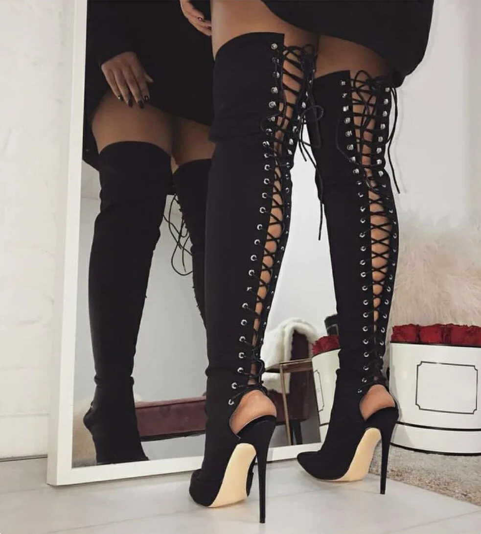 

LEOPARD LAND Knee Boots 2019 Winter New Pointed Hollow Hollow Belt Ultra High High Heel Boots Tide Wild .ZL-198-28