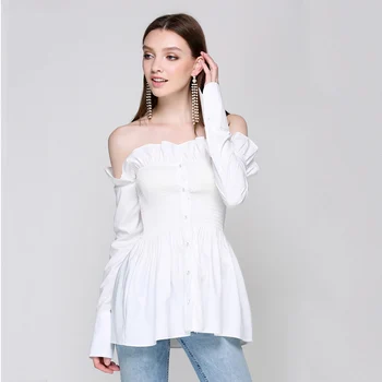 

Summer White Chiffon Off The Shoulder Long Sleeve Sexy Sweet Shirt Womens Tops And Blouses With Ruffles Roupa Feminina