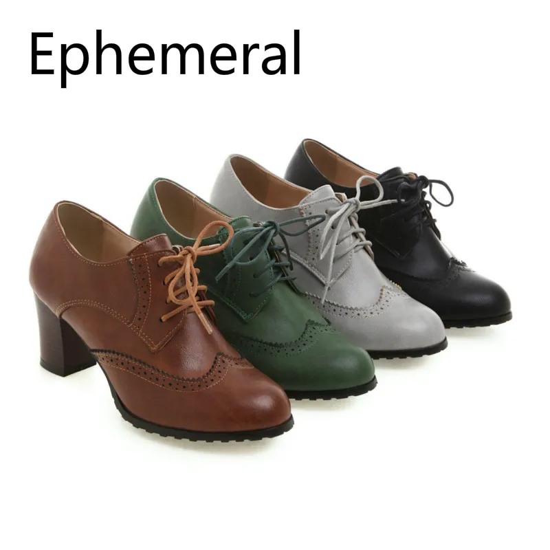 

Ladies high heel Boots Lace-up cut out breathable Low Top Shoes Round toe Pumps Retro Mujer Zapatos Brown Green Black Grey 43 41