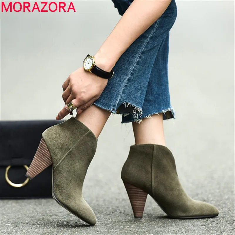 

MORAZORA 2019 top quality suede leather shoes women ankle boots pointed toe fashion autumn winter boots woman high heels shoes