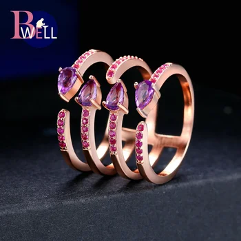

Bwell Amethyst Natural Gemstone 925 Sterling Silver Rose Gold Plated Adjustble Ring For Women Wedding Fine Jewelry BWRI042