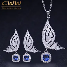 CWWZircons бренд модные, в форме бабочки для женщин ювелирные изделия 925 пробы серебро CZ синий Кристаллические серьги и Цепочки и ожерелья наборы T158