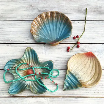 

Creative Ceramic Mediterranean Style Seashells Starfish Conch Dish Plates Soap Box Home Ornament Small Dish Jewelry Tray