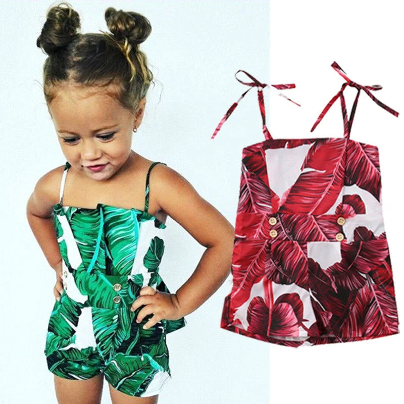 

Leaves Printed Newborn Baby Girls Off Shoulder Romper Jumpsuit Playsuit Sleeveless Button Style Lovely Outfit For Girls