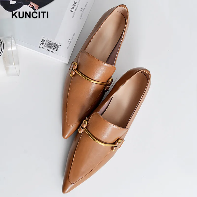 

2019 KUNCITI Plus Size Genuine Leather Pointed Toe Metal High Heels Women Pumps Slip On Runway Elegant Office Lady Shoes G173