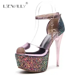 Lsewilly/женские босоножки летние туфли на высоком каблуке на тонком каблуке пикантные босоножки-гладиаторы вечерние блестками дамские