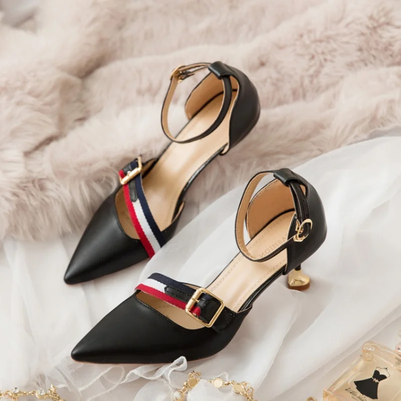 

Women Shoes Women Sandals 2019 Spring New PU Pointed Stiletto High Heels Shallow Mouth Word Buckle Woman Shoes Sandals Famale