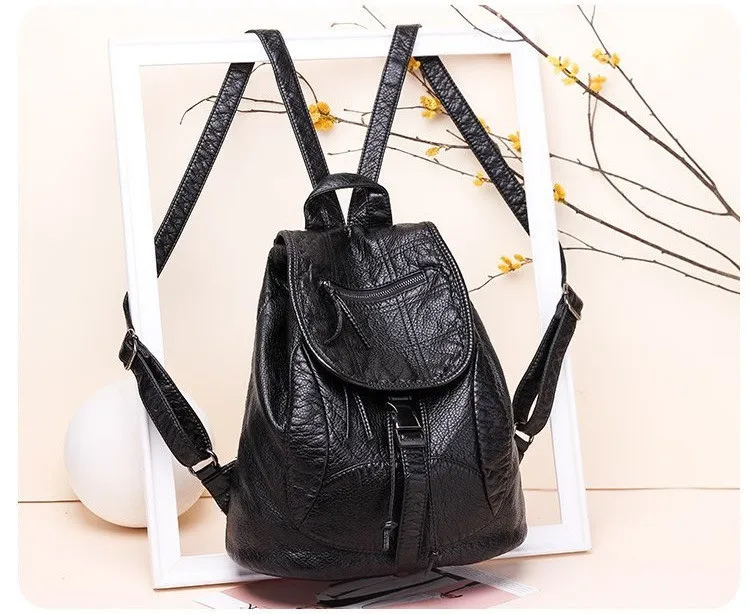 MJ Soft Leather Women Backpack Large Travel Bag PU Leather Female Daypack Black Backpack School Bag for Teenage Girls (16)