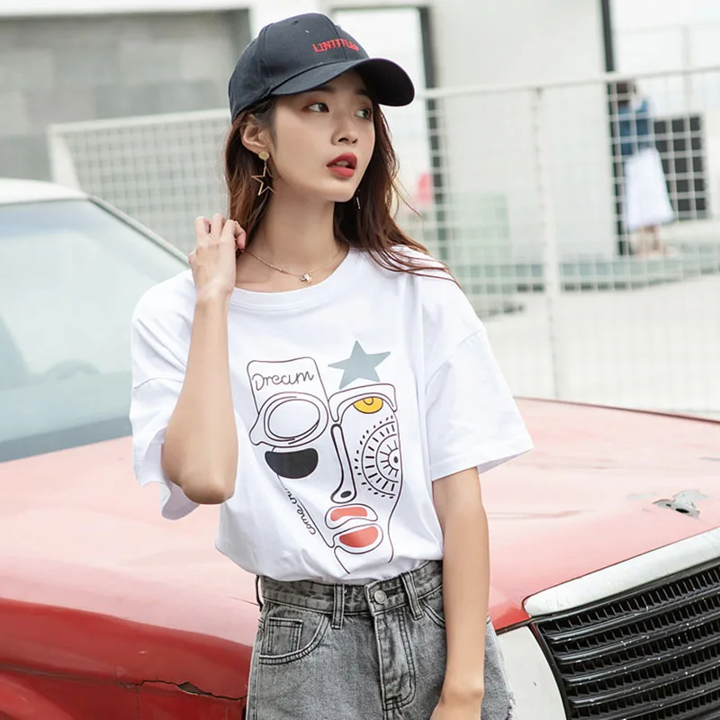 

2019 Kpop Korean Cartoon Anime Print Women Tops Tee Shirt Ulzzang White Loose Short Sleeve Tshirt Korean Fashion Womens Clothing