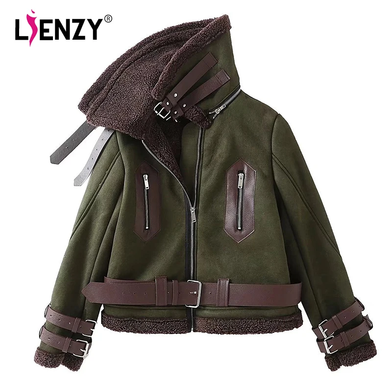 Armée D'agneau Chaud Flocage Manteau Militaire Vert Aviator Feminino Roulé Hiver De Veste Femmes Ceintures Army Green Col Casaco Mode Femme rrgqwW85