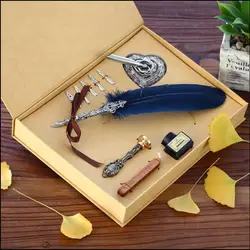 Gift Box Vintage Harry Potter Metal Curved Natural Turkey Feather Pen Set with 5 nibs, pen stand, Stamp, Wax Quill Signature Pen