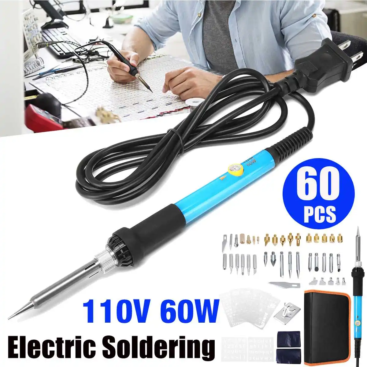 

60PCS 110V 60W Wood Burning Pen Soldering Tips Set Heat Transfer Tools Iron Temperature Control Soldering Iron