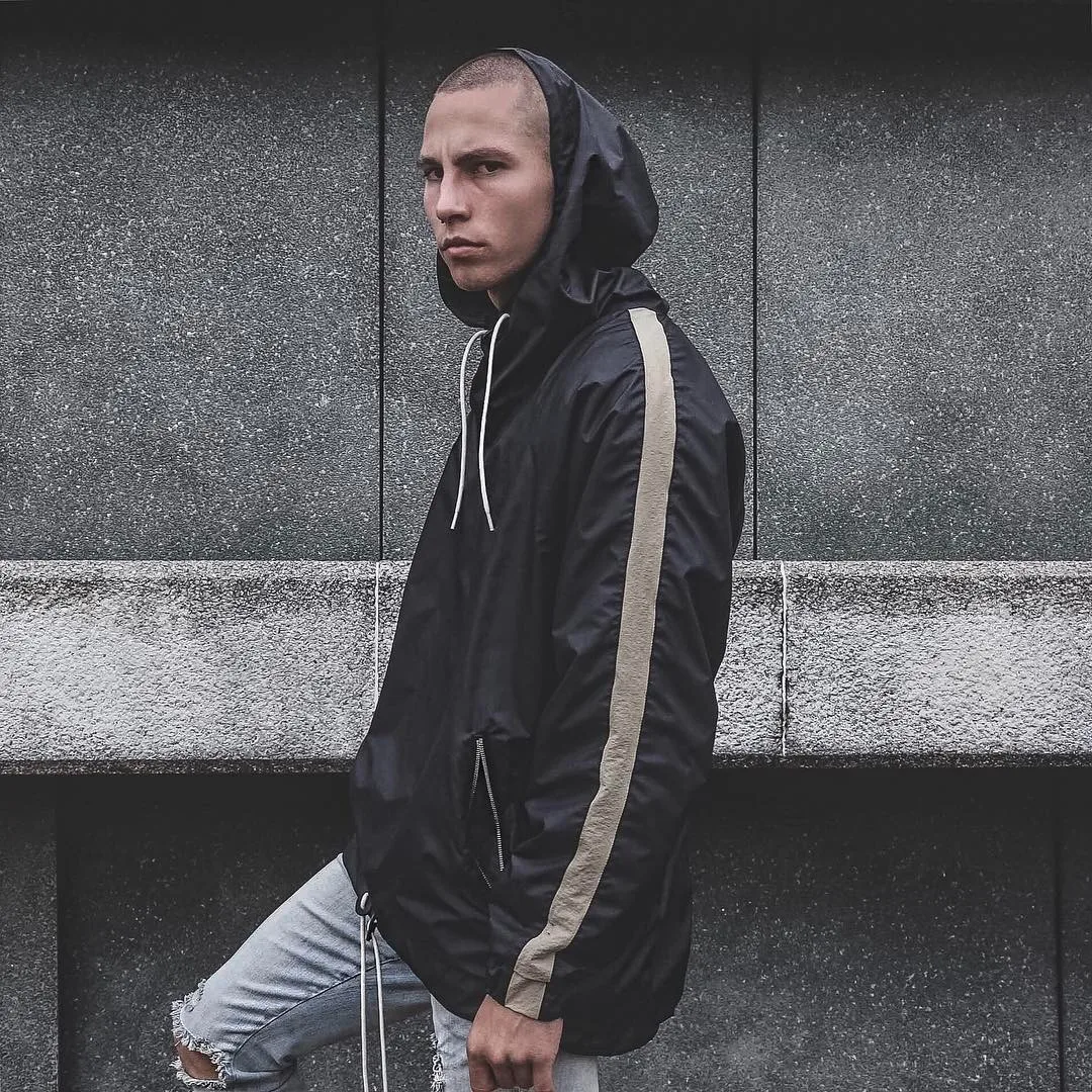 Kanye West Stripe Hooded Windbreaker Men Streetwear Colorblock Elastic Drawstring Mens Jackets and Coats Black Windbreakers Kanye West Stripe Hooded Windbreaker Men Streetwear Colorblock Elastic Drawstring Mens Jackets and Coats Black Windbreakers