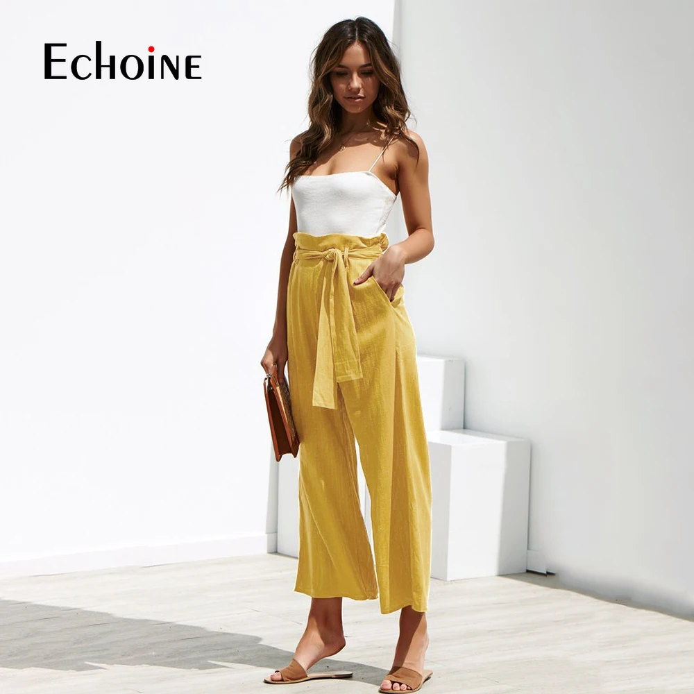 Décontracté coton lin femmes taille haute large jambe pantalon nouveau été automne bureau bande lâche palazzo pantalon femme évasée harem pantalon