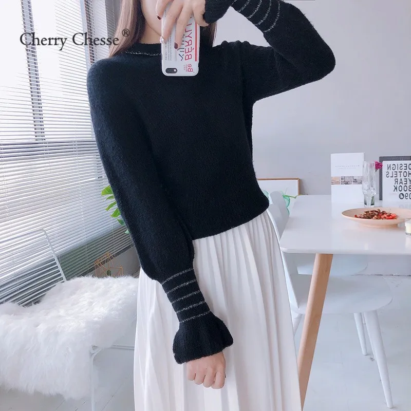 Cherry Chesse Harajuku Для женщин свитер с рукавом-бабочкой круглым вырезом пуловеры осень