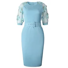 Весенне-летние сетчатые платья-карандаш с цветочной вышивкой для офиса, облегающее платье средней длины с коротким рукавом и круглым вырезом и поясом длиной до колена