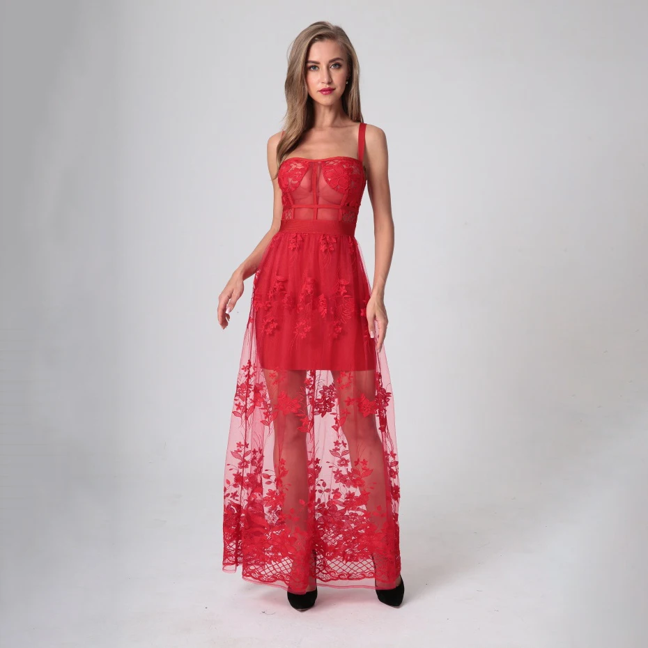 

Red Lace Strap Women Perspective Floral 2019 New Arrivals Bodycon Ankle-Length Party Wedding Long Bandage Dress
