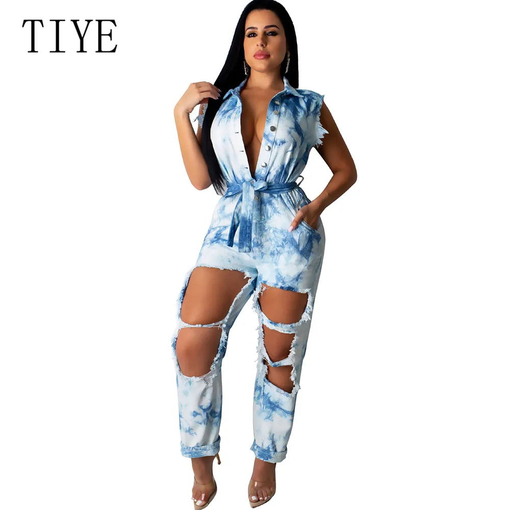 

TIYE Fashion Loose Short Sleeve Tie-dyed Washed Denim Jumpsuits Elegant Hollow Out Botton Playsuits Casual Pocket Print Rompers