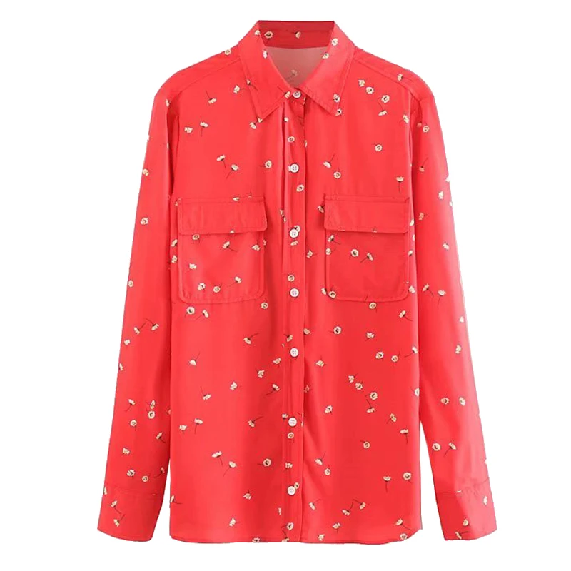 

Women Sweet Print Loose Blouse Pocket Long Sleeve Pleated Vintage Shirts Female Red Casual Wear Tops Blouse FFZSY369