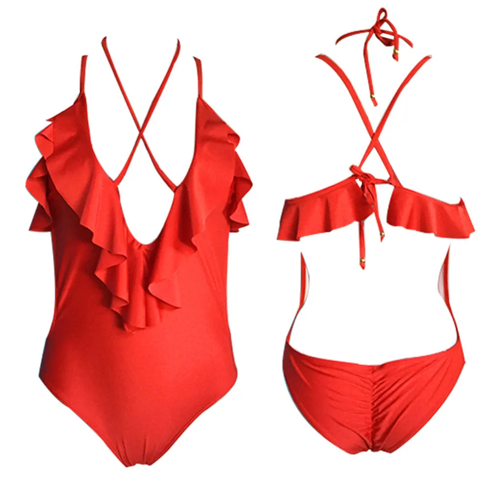 

Sexy V Neck Fringe Ruffled Off Shoulder Trikini Bathing Suit Monokini High Waist Plus Size Swimwear Women One Piece Swimsuit