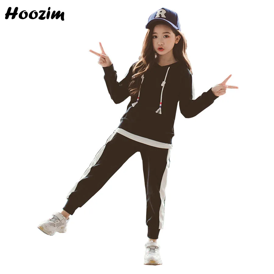 

Fashion Sport Suit For Girls Black Solid Patchwork Hem Sweatshirt Elastic Waist Striped Fitness Legging Active Child Tracksuit
