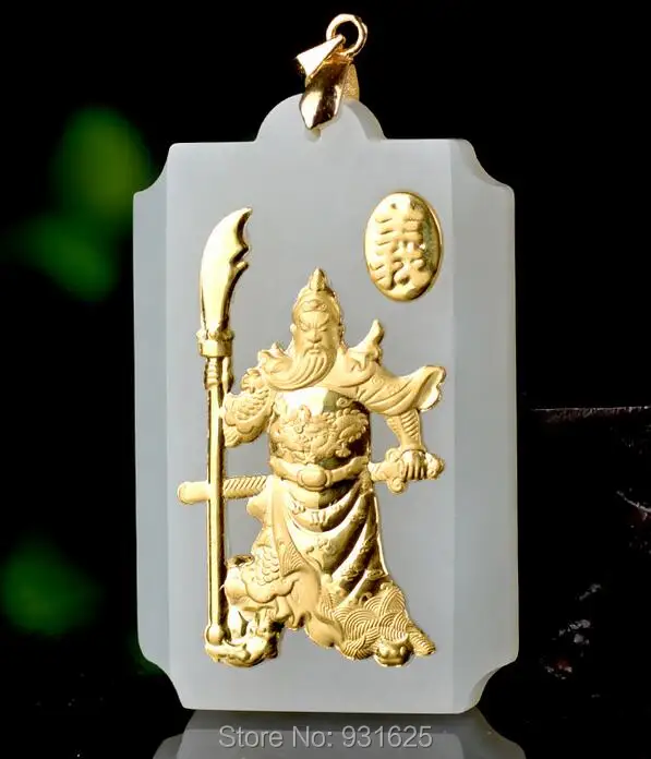 

Natural HeTian Yu 100% Pure Solid 18 Gold inlaid GuanGong Lucky Pendant free Necklace + Certificate Fashion Fine Jewelry