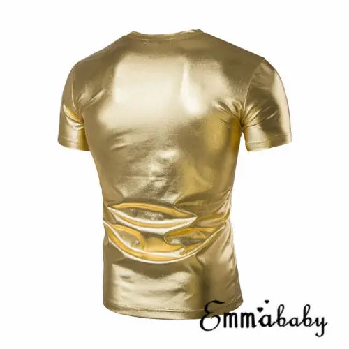 Модная мужская футболка с коротким рукавом, облегающие повседневные топы, летняя одежда, блестящие футболки, топы черного, золотого, серебряного цвета