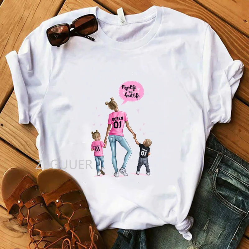 

Mom's Boy and Girl Graphic T-Shirt Mama Twins Summer Women White T-Shirt Casual Cotton Soft O-Neck Tees Hipster Mother Gift