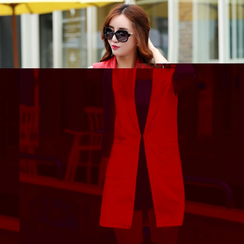 Женский Длинный жилет, пальто, новая мода, из искусственной кожи, элегантная офисная одежда, повседневный жакет без рукавов, женский жилет, Colete Feminino - Цвет: Красный