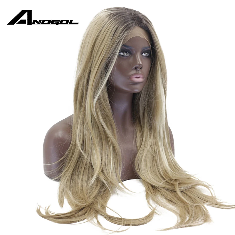 Anogol длинный коричневый Омбре блонд Выделите высокотемпературное волокно естественная волна синтетический парик на кружеве для женщин Американский Африканский