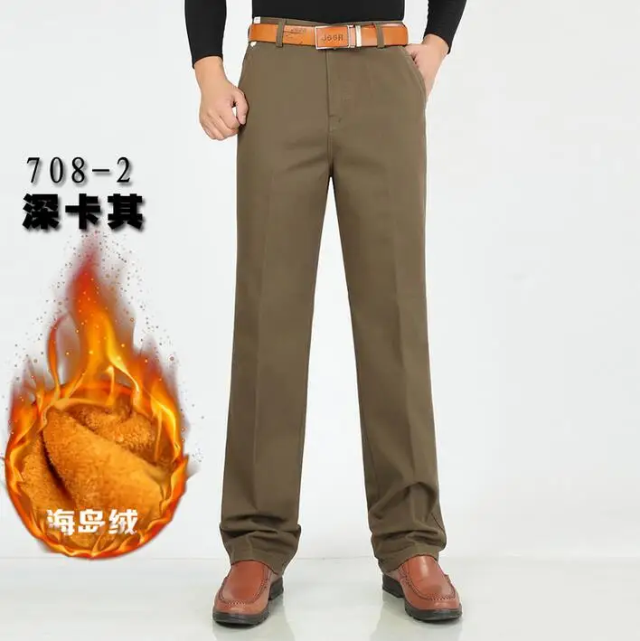 215 dark khaki Новые Зимние Повседневные бархатные штаны, мужские брюки для делового костюма, толстые флисовые хлопковые свободные прямые брюки, сохраняющие тепло - Цвет: 215 dark khaki