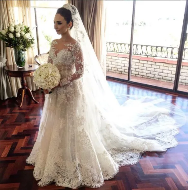 classic lace a line wedding dress with 3d flowers custom made long