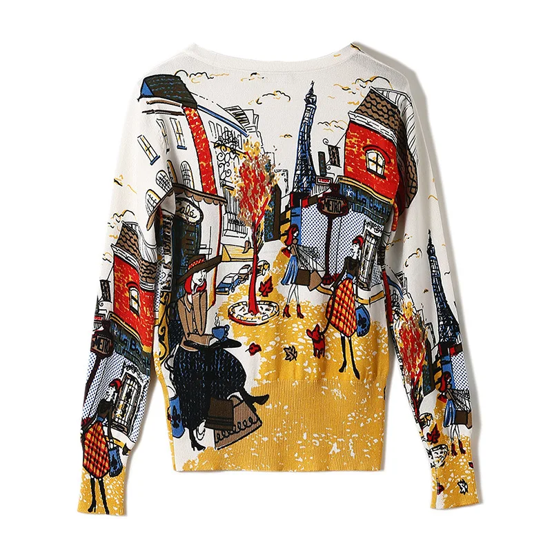 Tanie Kobiet Cartoon Graffiti sweter jesień wiosna dzianiny guzik z dekoltem w serek z długim rękawem japonia harajuku kobieta swetry damskie topy LS035