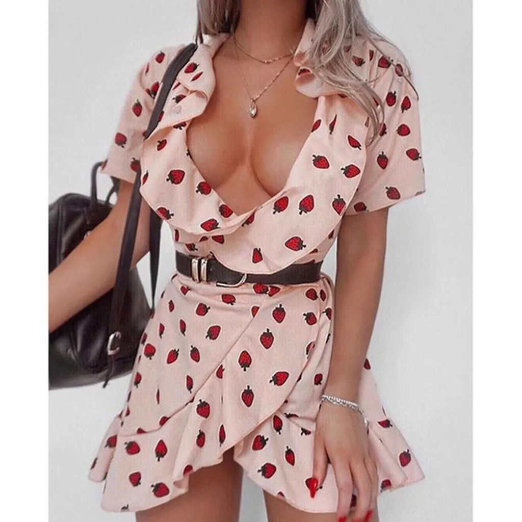 

Women Cute Summer Dress Asymmetrical Sundress Sexy Short Sleeve Deep V-neck Print Ruffle Mini Dress Casual summer dresses 2019