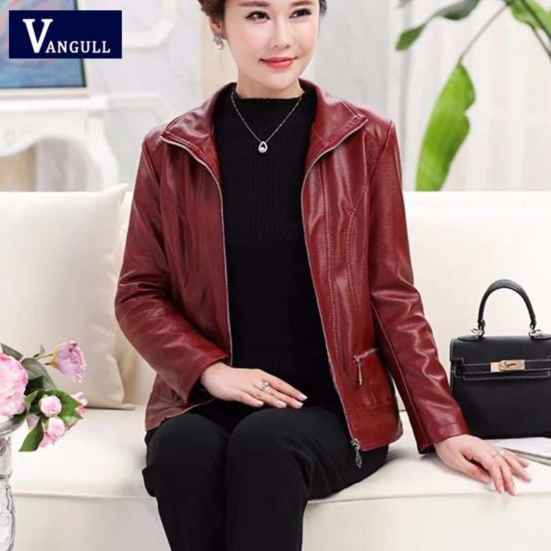 

Vangull Women Faux Leather Jackets Fashion Autumn Winter Female Solid PU Leather Coat Long Sleeve Plus Size Women Leather Jacket