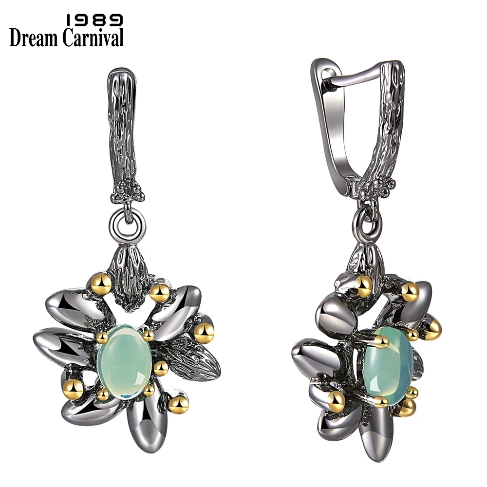 

DreamCarnival 1989 Vintage Flower Earrings Women Wedding Party Simulated Blue Opal Stone Black Gothic Jewelry Hot Selling WE3890