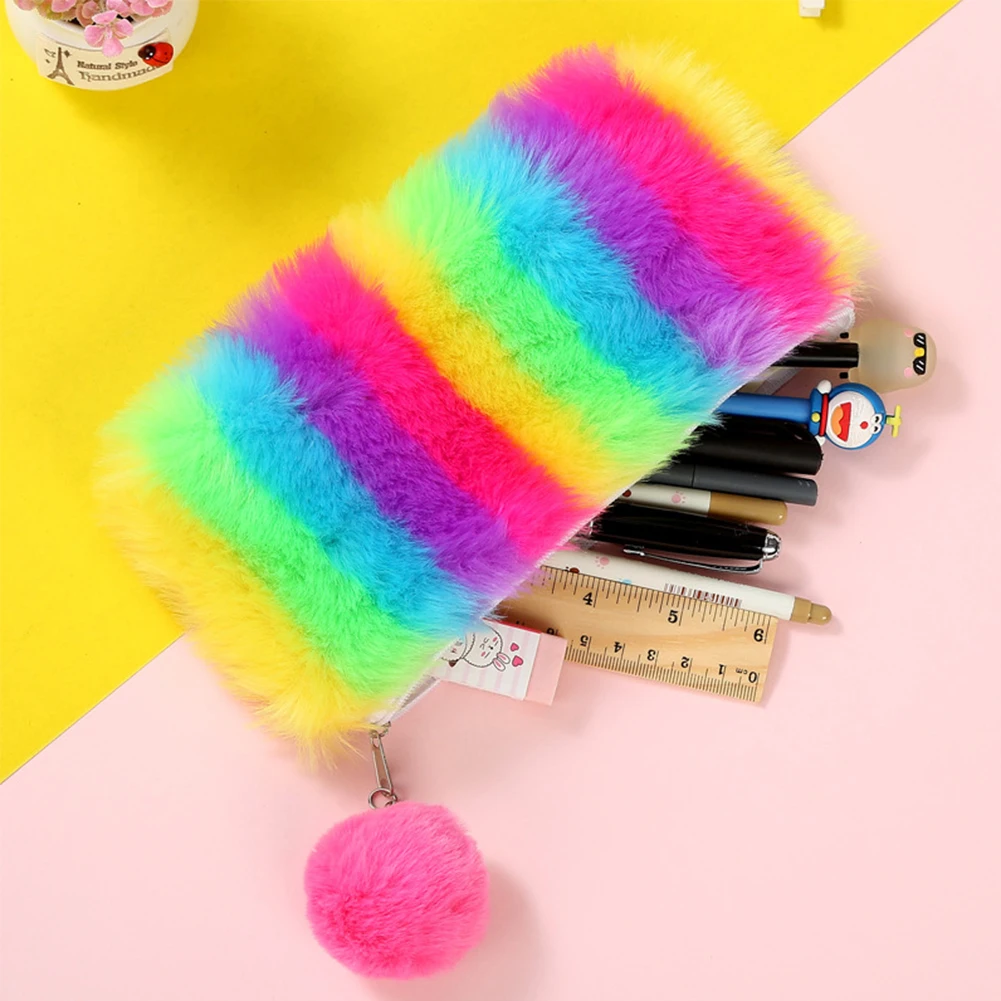 

Rainbow Style Furry Stationery Zipper With Pendant School Plush Pencil Bag Lightweight Portable Large Capacity Storage Cute