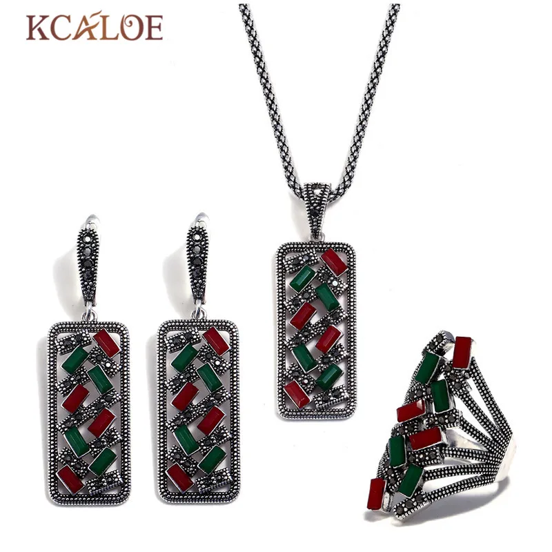 

KCALOE Ethnic Bohemian Jewelry Set Antique Silver Color Hollow Square With Stone Crystal Pendant Necklace And Earrings Sets