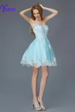 Ysmo Sky Blue Lace Sexy Mini Partykleider 2016 Liebsten Kristalle Kurze Cocktailkleider mit Ribbon Backless Vestidos De Fiesta