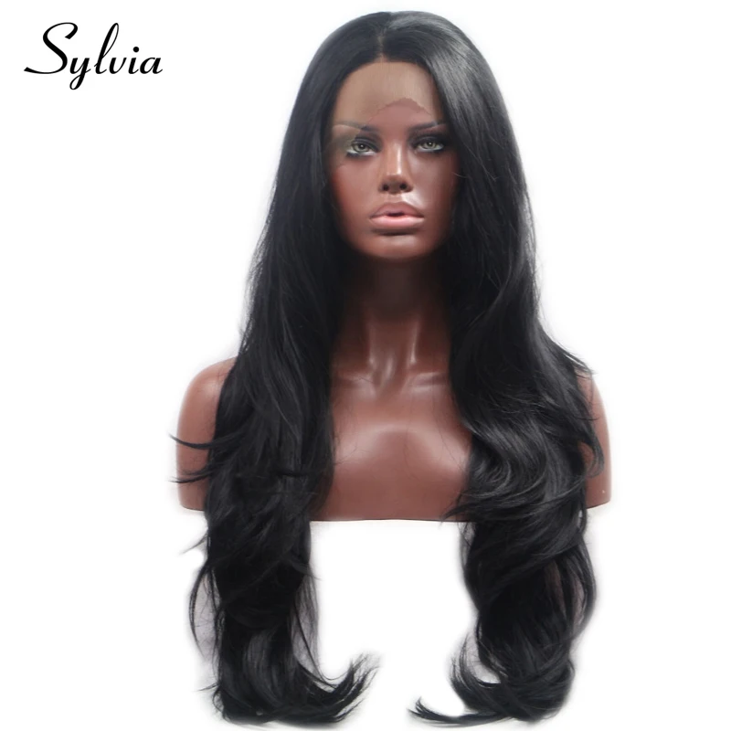 Sylvia 1B Black Synthetic Lace Front Wigs Natural Wave Middle Part Heat Resistant Fiber Hair For Women