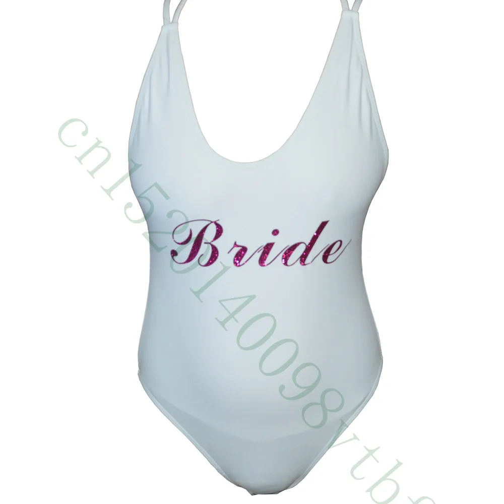 Glitter Gold Bride SQUAD Strappy Cross Back One Piece Swimsuits White glitter-gold-bride-squad-strappy-cross-back-one-piece-swimsuits-white