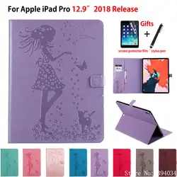 Кейс для iPad Pro 12,9 2018 принципиально Tablet Обложка для iPad Pro 12,9 "2018 A1876 A2014 A1895 A1983 девушка кошка рельефный Чехол + пленка + ручка