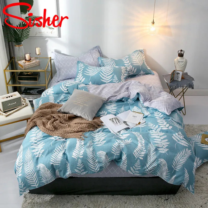 Sisher Pastoral Green Leaf Print Duvet Cover Set Cotton Polyester Adult Comforter Bedding Sets Size Single Double Queen King - Цвет: Blue1