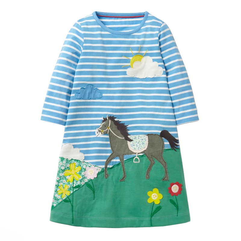 

littlemandy Striped Horse Autumn Princess Dress Animal Pattern 2018 New Kids Dresses For Baby Girls Clothes Long Sleeve Children